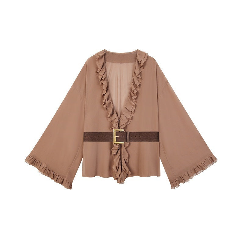 ZERO_Chiffon_Ruffle_V-neck_Loose_Street_Sporty_Long_Sleeve_Black_Brown_Women_Blouses_MISSTT
