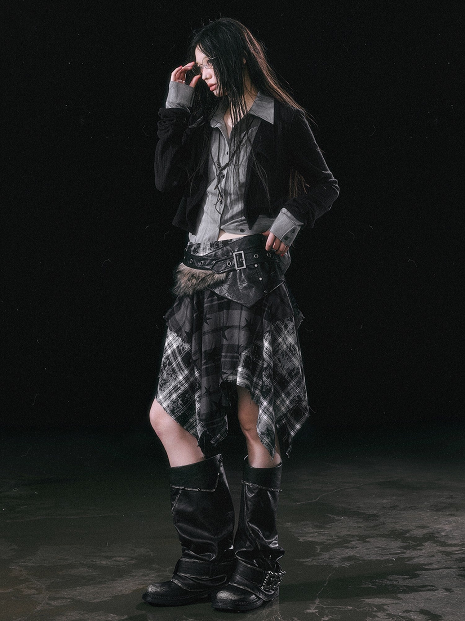 Cest Nous Patchwork Asymmetrical Punk Plaid A Line Mid Waist Women Cotton Midiskirts