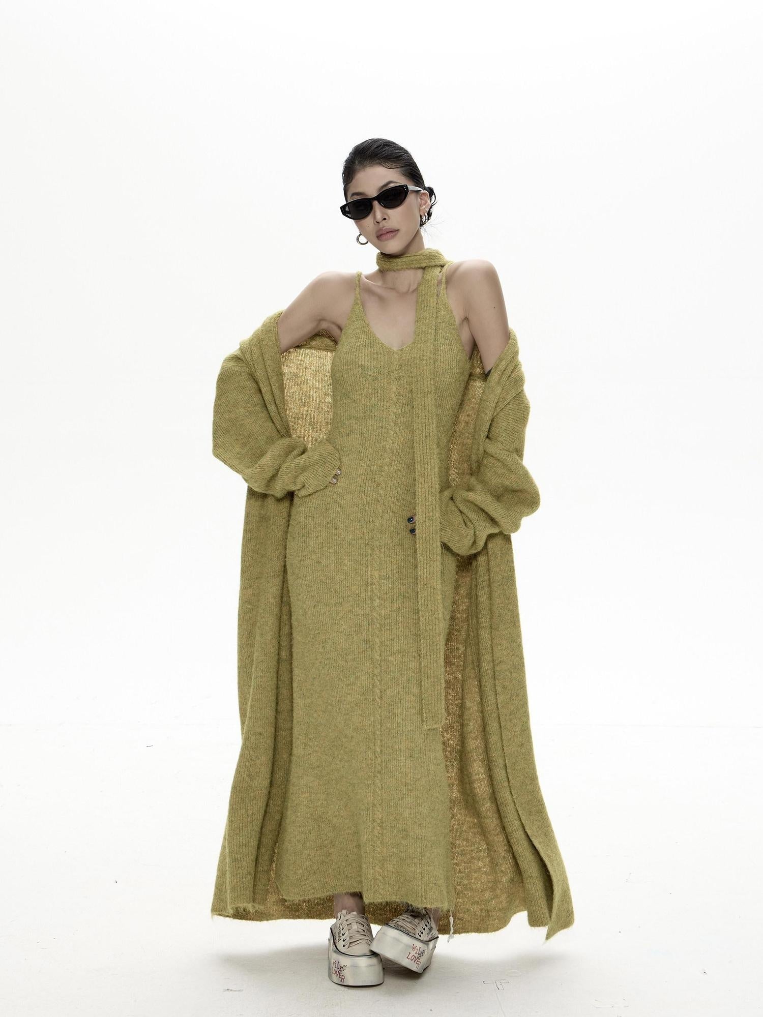 ZERO High Stretch Retro Two Piece Cardigan And Cami Women Acrylic Maxi Dresses