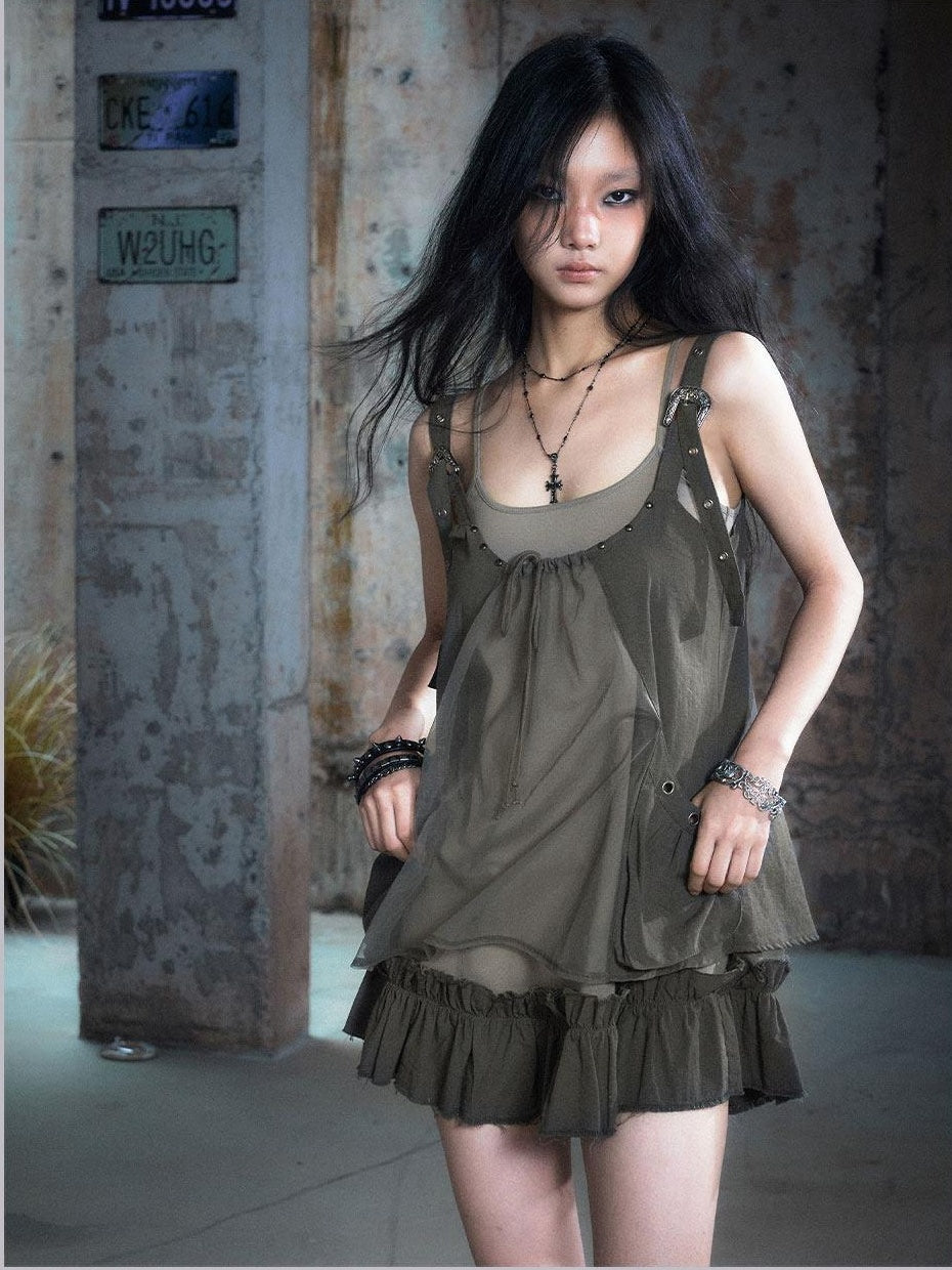 Cest Nous Micro Stretch Cotton Punk Patchwork Spaghetti Strap Everyday Minidresses