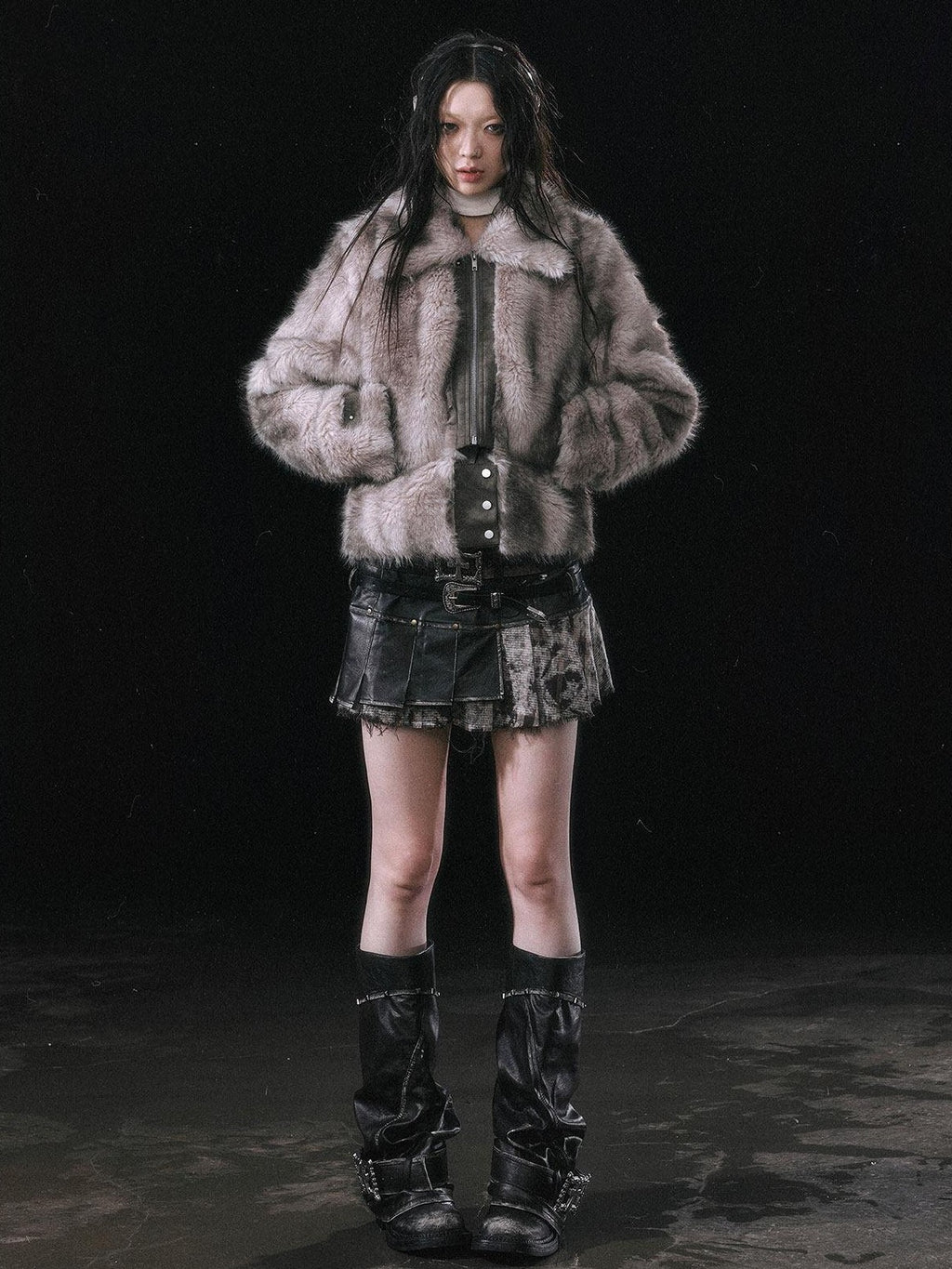 Cest Nous Thick Fur Collar Punk Street Short Fit Young Adults Silver Gray Beige Jackets