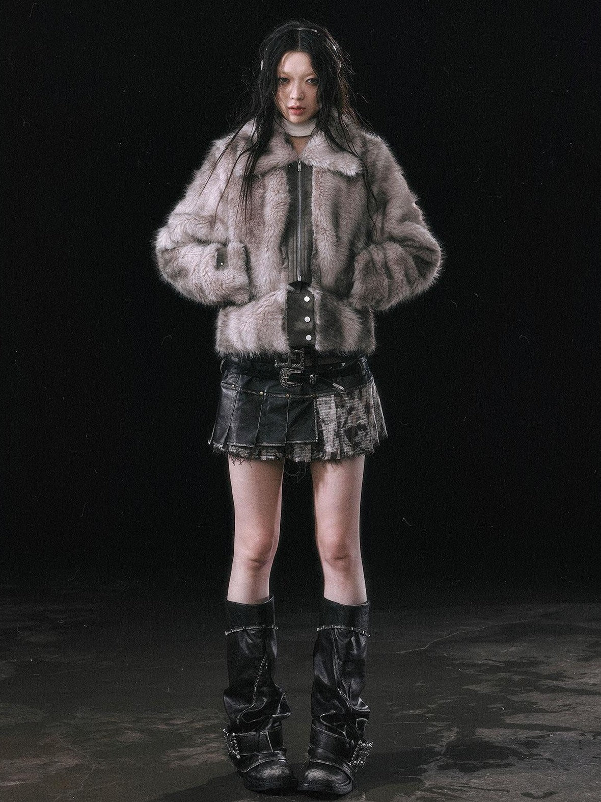 Cest Nous Thick Fur Collar Punk Street Short Fit Young Adults Silver Gray Beige Jackets
