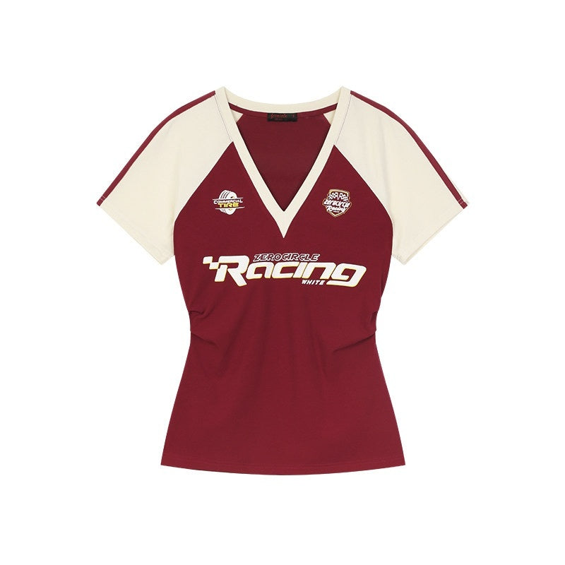 ZERO_Viscose_Cotton_Slim_Fit_Vintage_Print_V-neck_Raglan_Red_Short_Sleeve_T-Shirts_MISSTT