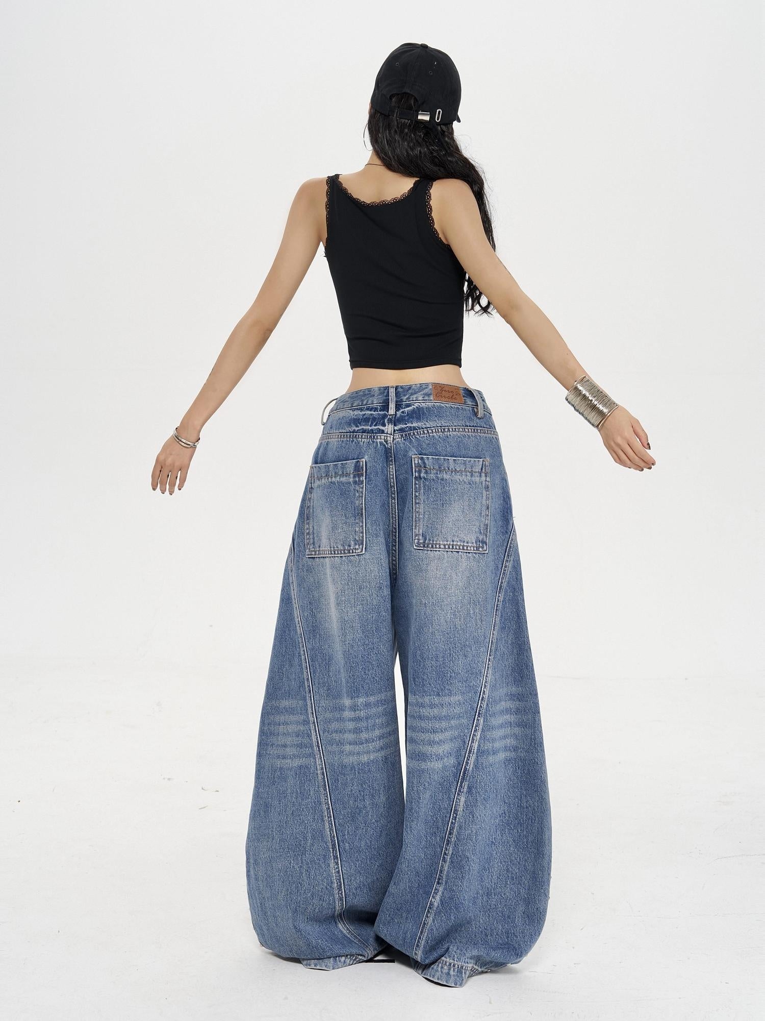 ZERO Distressed Low Rise Loose Fit Casual Vintage Blue Denim Wide Leg Jeans