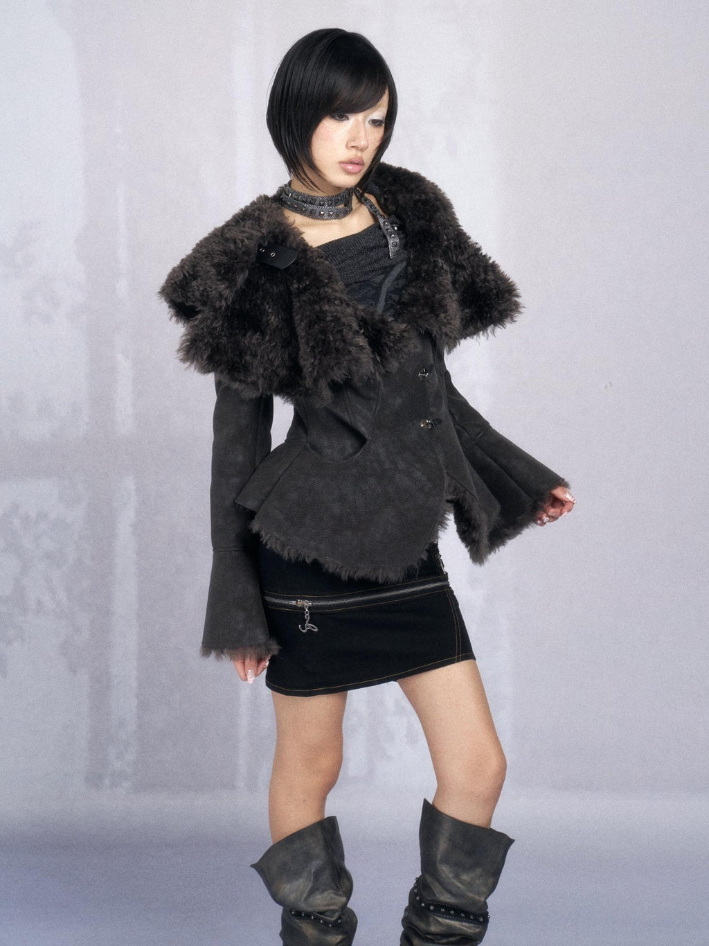 OPEN AESTHETIC Warm Faux Fur Oversized Lapel Collar Women Dark Aesthetic Black Casual Jackets