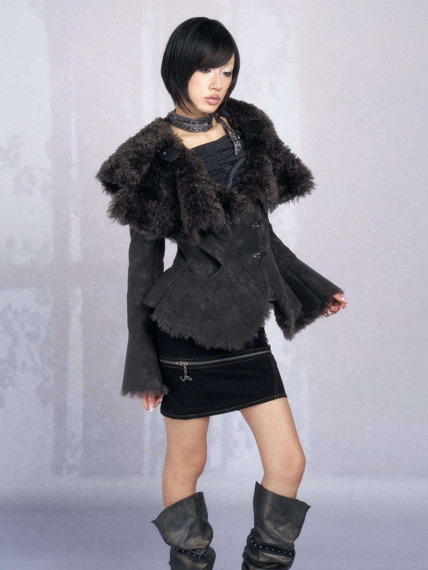 OPEN AESTHETIC Warm Faux Fur Oversized Lapel Collar Women Dark Aesthetic Black Casual Jackets