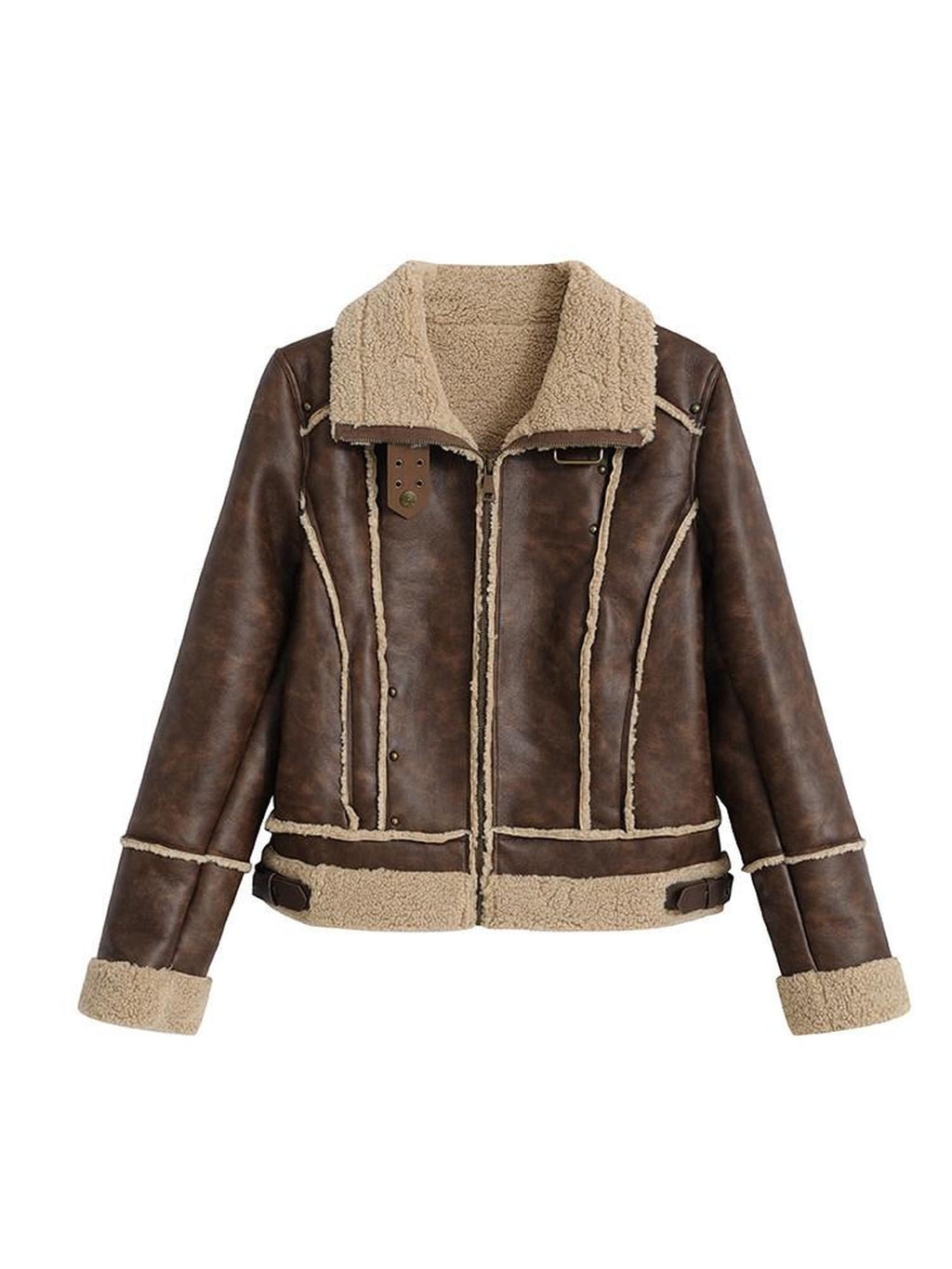 Cest Nous Thick Fleece Lined Street Straight Fit Patch Zipfront Brown Pu Leatherjackets