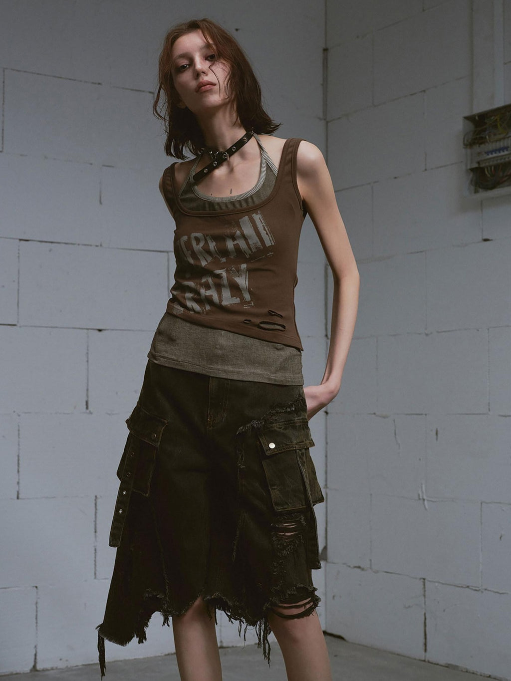Cest Nous Distressed Print Punk Slim Halter Female Cotton Blend Brown Gray Tanktops