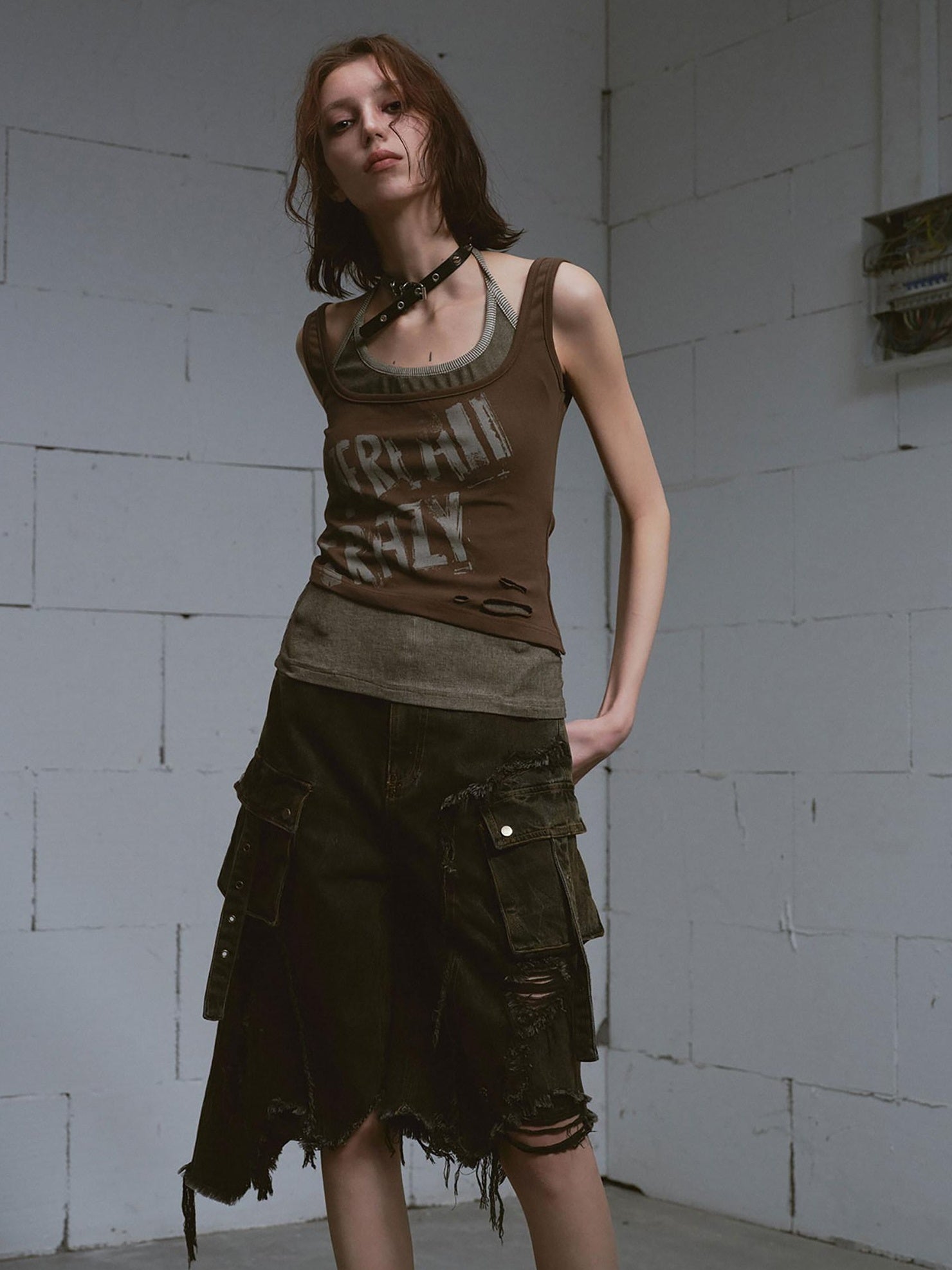 Cest Nous Distressed Print Punk Slim Halter Female Cotton Blend Brown Gray Tanktops