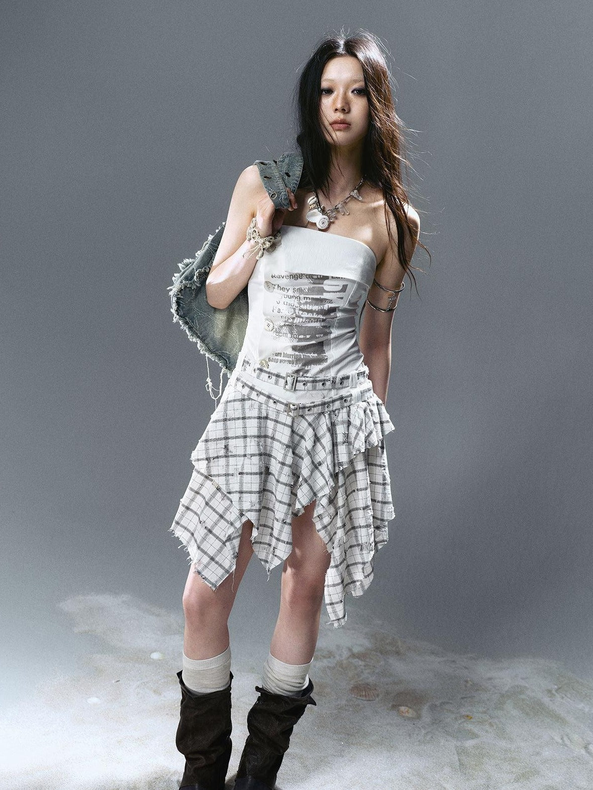 Cest Nous Strapless Asymmetric Print Cinched Waist A Line Cotton Street Style Minidresses