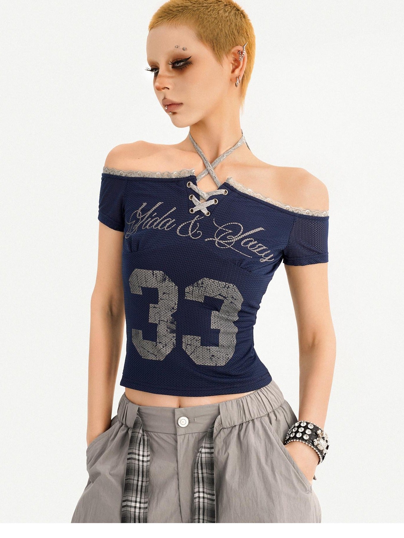 Nico Molly Sexy Slim Tie Front Women Letter Number Print Grey Off Shoulder Crop Tops