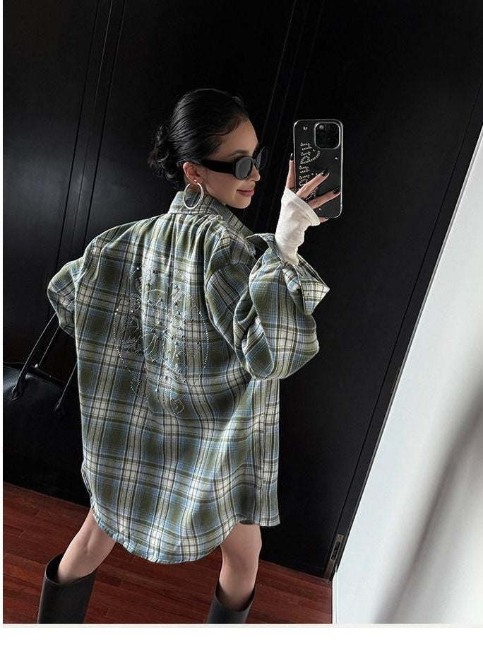 ZERO Breathable Loose Mid Length Green Plaid Unisex Cotton Shirts