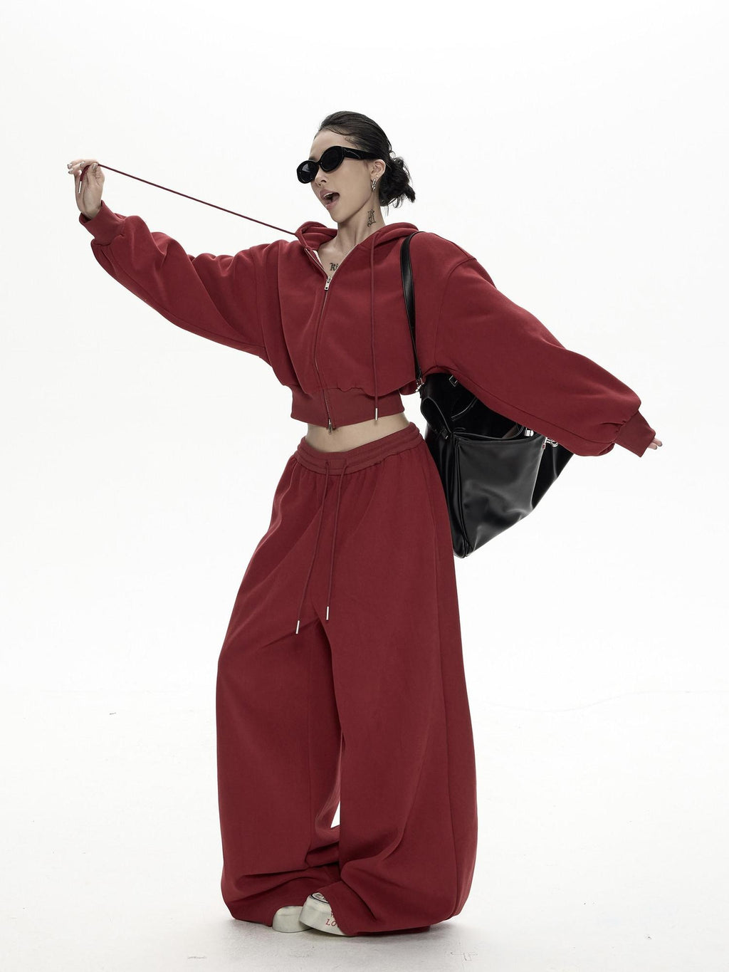 ZERO Thick Cotton Relaxed Fit Long Sleeve Women Casual Red Top & Pants Sets