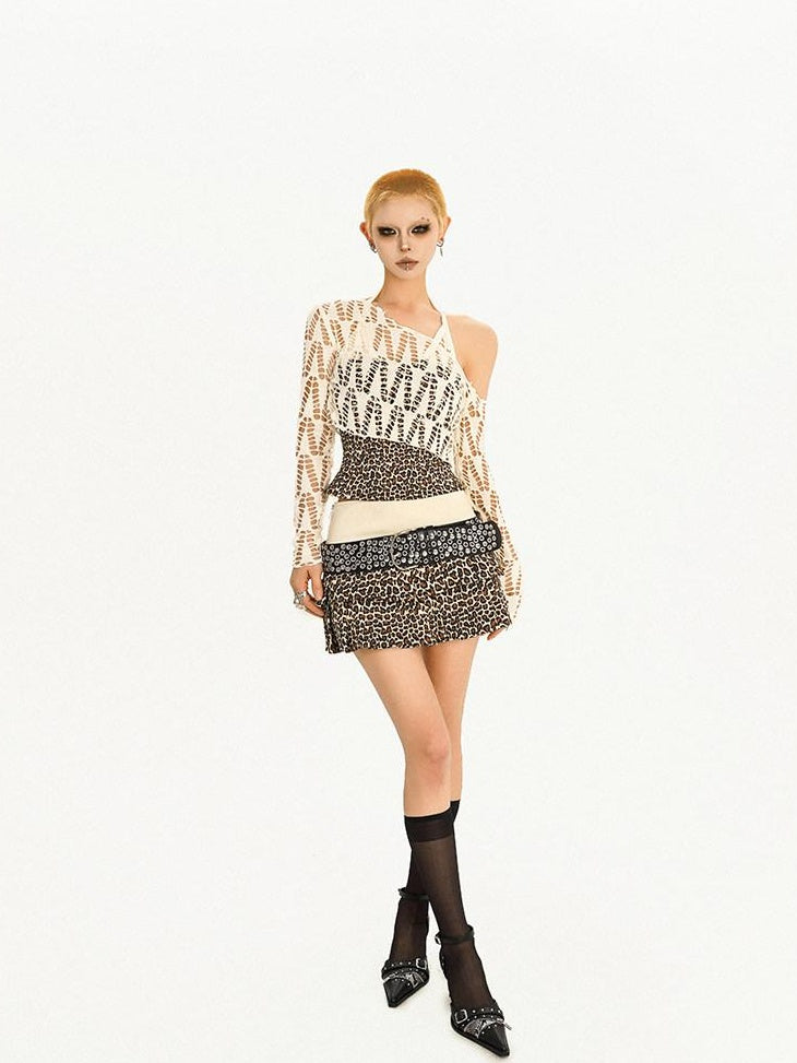 Nico Molly Animal Patchwork Long Sleeve Round Neck Women Polyester Top & Skirt Sets
