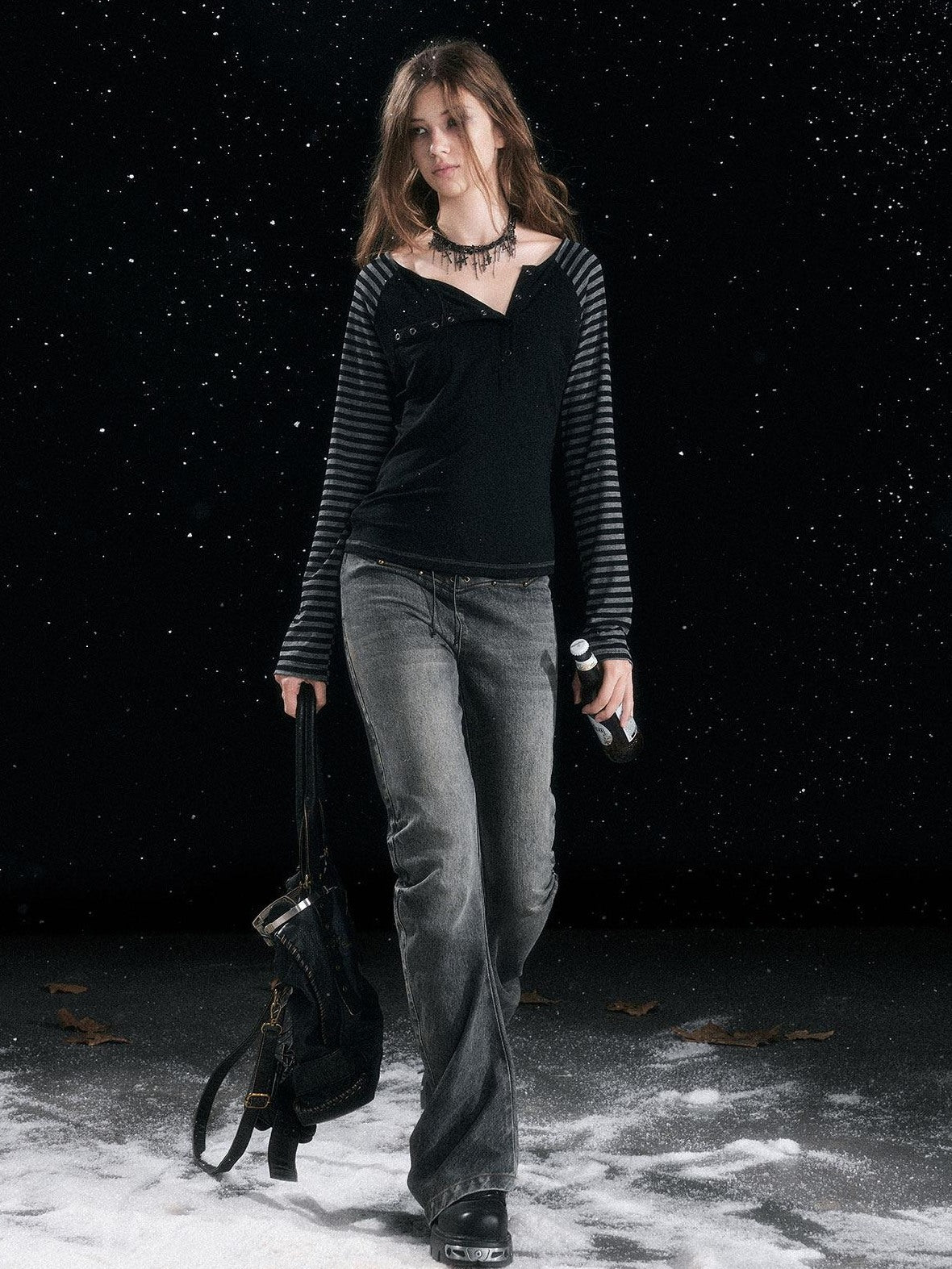 Cest Nous Vintage Patchwork Natural Waist Women Daily Washed Black Cotton No Stretch Jeans