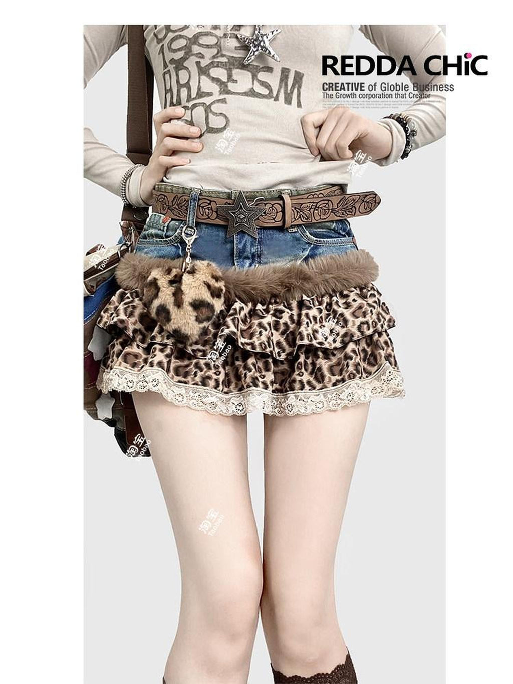 REDDACHIC Leopard Print Patchwork Tiered Cake Women'S Lace Denim Mini Skirts