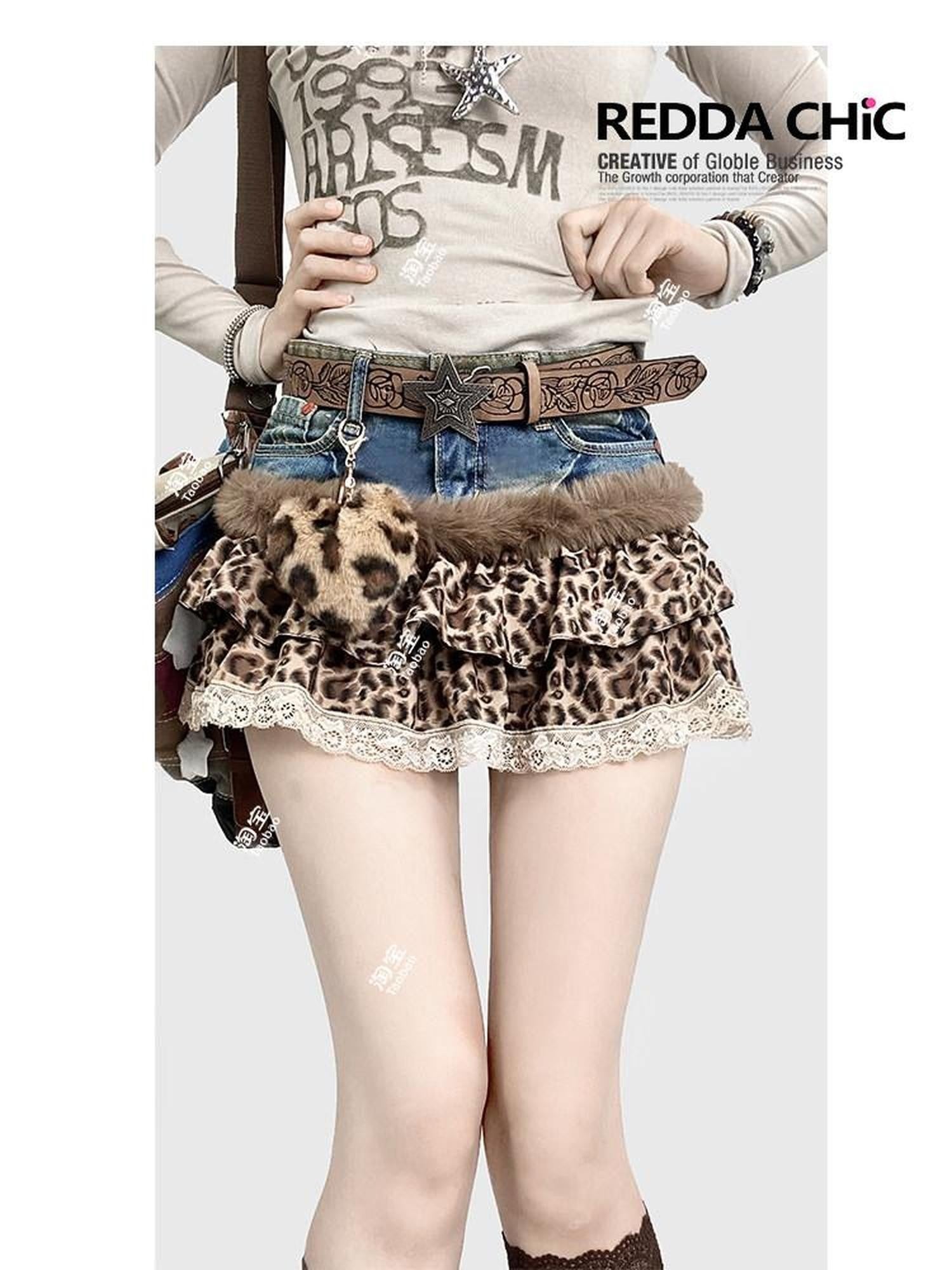 REDDACHIC Leopard Print Patchwork Tiered Cake Women'S Lace Denim Mini Skirts