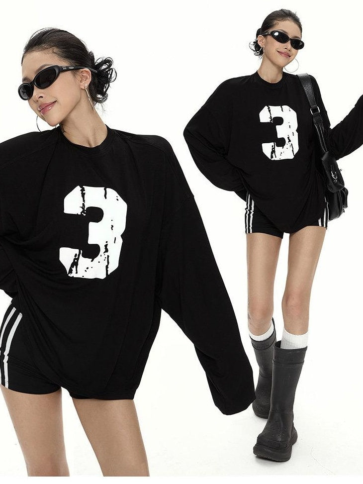 ZERO Viscose Knit Loose Midlength Number Print Round Neck Unisex Long Sleeve T-Shirts