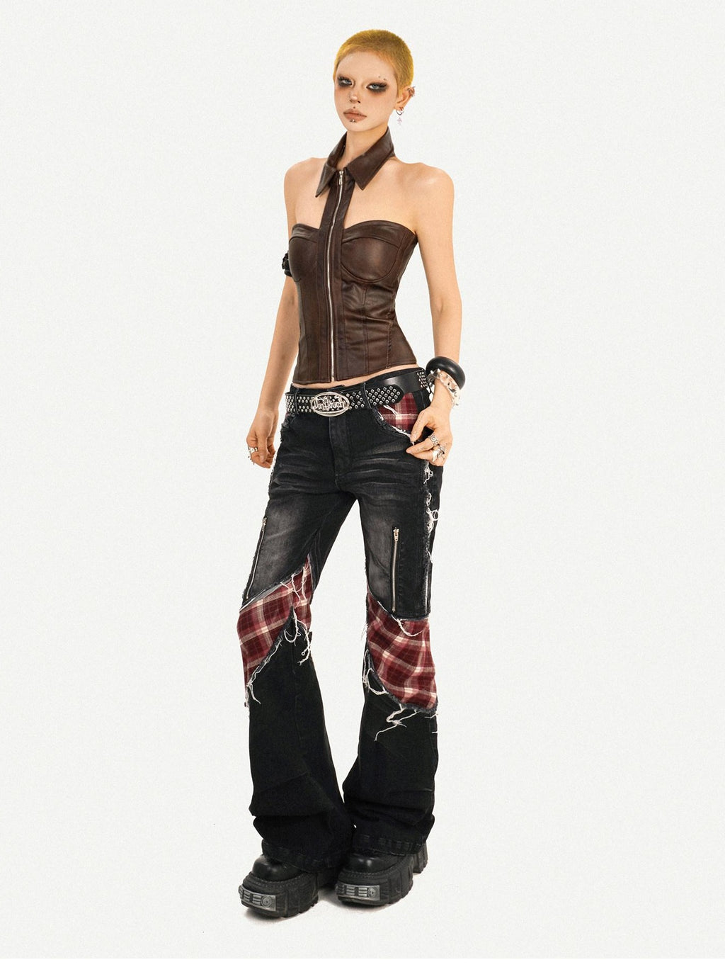 Nico Molly Pu Faux Leather Padded Zipper Crop Sexy Halter Collar Slim Women Camisoles