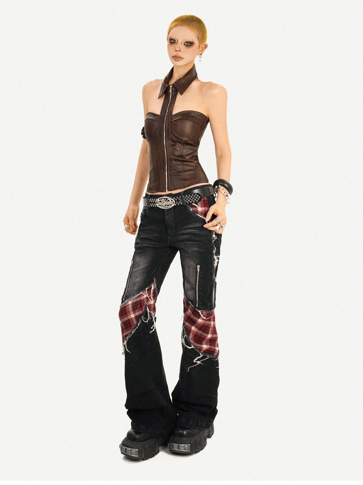 Nico Molly Pu Faux Leather Padded Zipper Crop Sexy Halter Collar Slim Women Camisoles