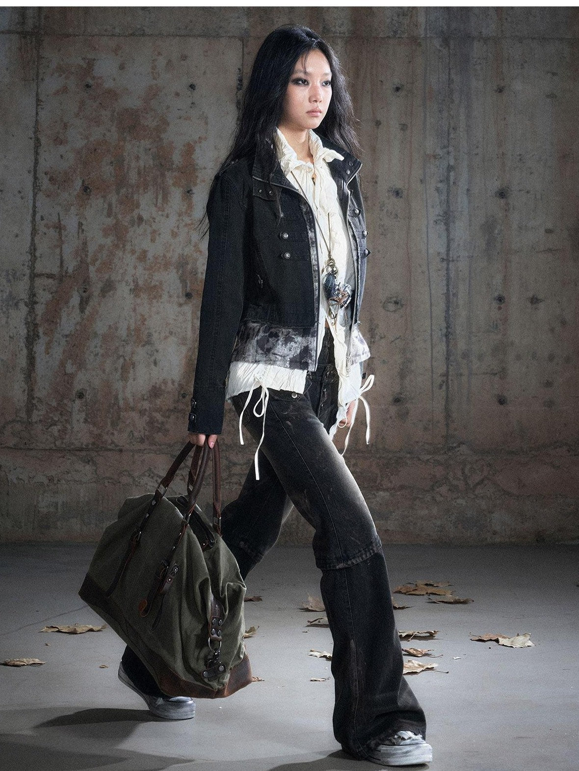 Cest Nous Frayed Punk Stand Collar Camo Cotton Button Long Sleeve Women Croppedjackets