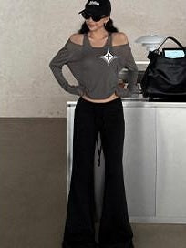 ZERO Casual Knit Drawstring Mid Rise Micro Flare Wide Leg Women Solid Flared Pants