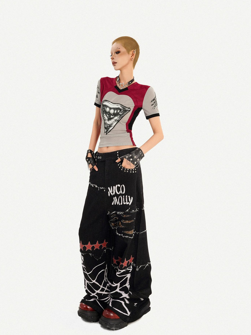 Nico Molly Ripped Natural Waist Relaxed Button Fly Letter Black Women Wide Leg Jeans