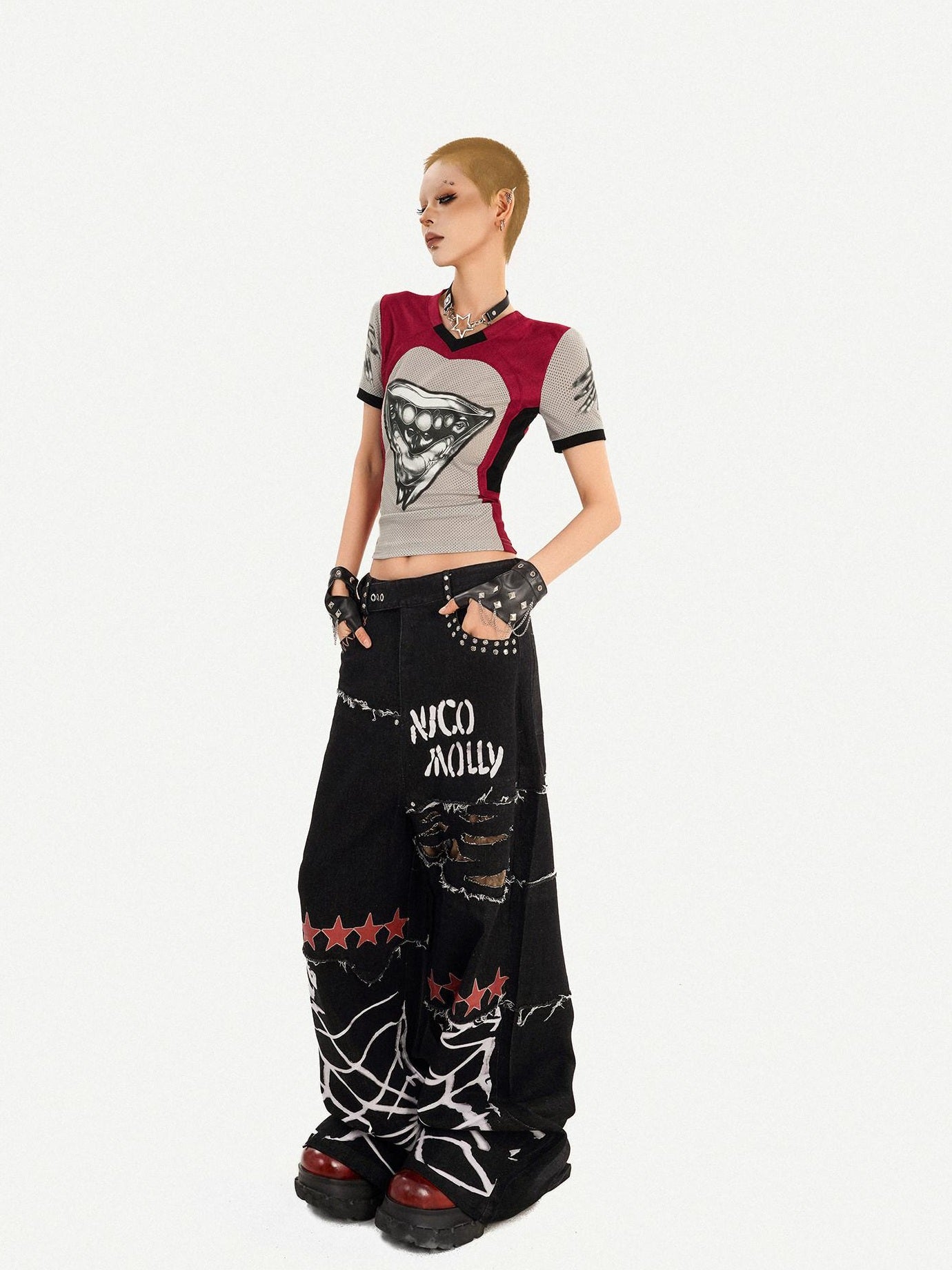 Nico Molly Ripped Natural Waist Relaxed Button Fly Letter Black Women Wide Leg Jeans