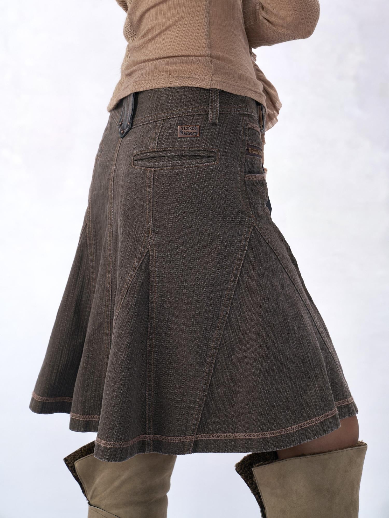 Flowers birds Market Vintage Washed Denim Pleated A Line Low Waist Casual Women Citywalk Midi Skirts