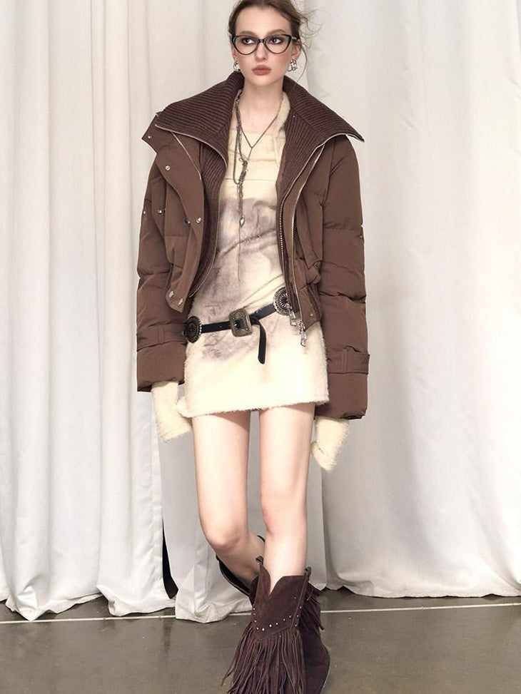 OfAkiva 90 Fill White Duck Down Warm Slim Patchwork Stud Hooded Women Down Jackets