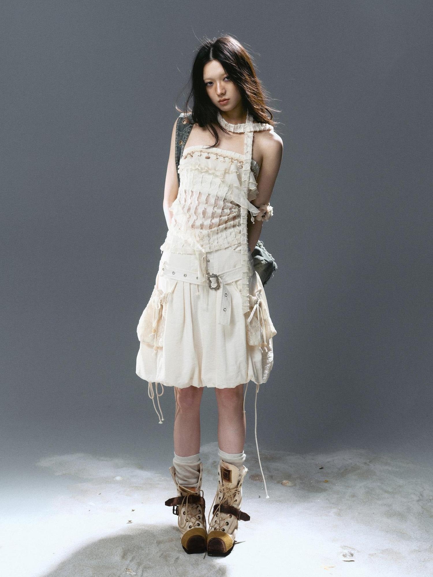 Cest Nous Studded Lace Up Punk Street Loose Fit Mid Waist Bubble Hem Women Gray Midiskirts