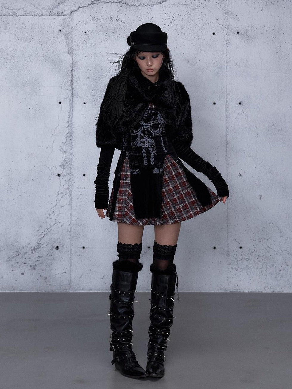NO ROMANCE Baroque Plaid Polka Dot Square Neck Puff Sleeve Women'S Velvet Mini Dresses