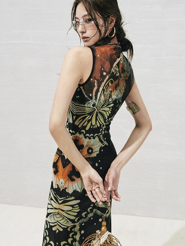 OfAkiva High Waist Sleeveless Printed A Line Hanfu Inspired Women Maxi Dresses