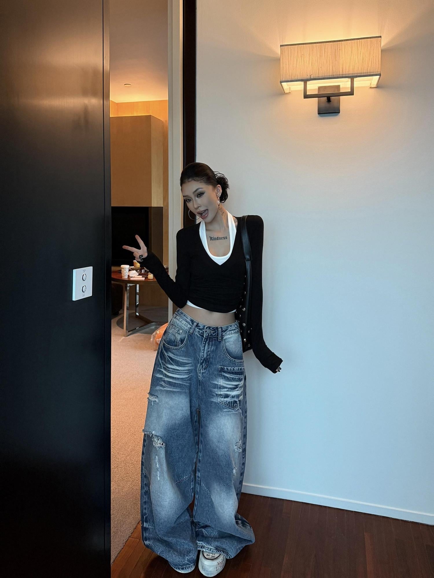 ZERO Washed Blue Cotton Distressed Low Rise Casual Loose Women Denim Wide Leg Jeans
