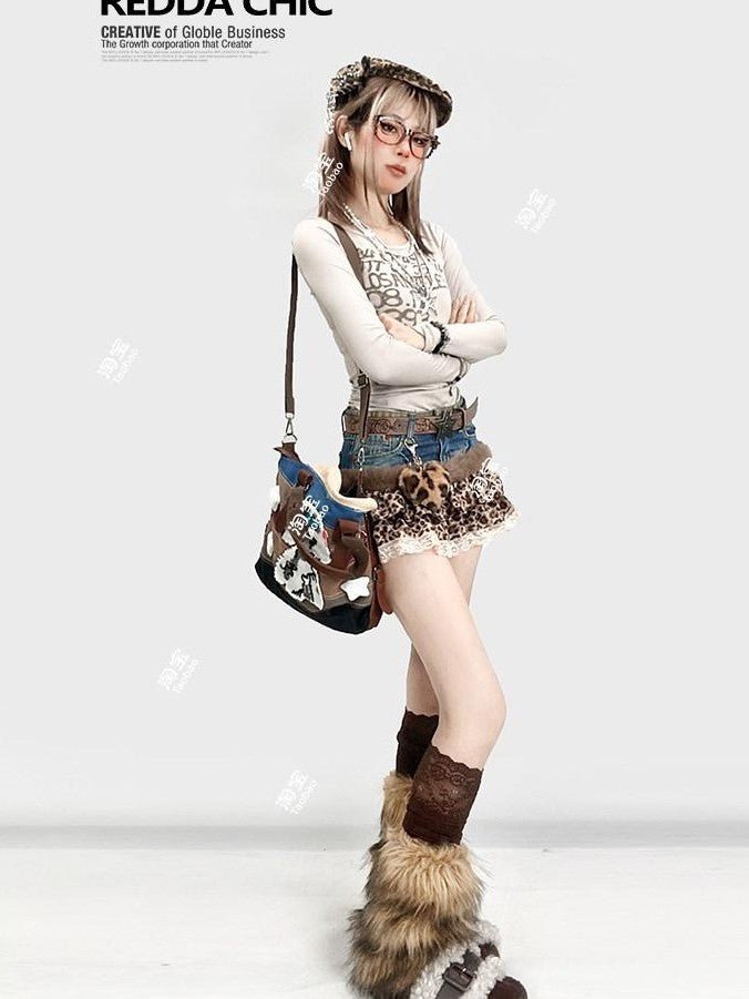 REDDACHIC Leopard Print Patchwork Tiered Cake Women'S Lace Denim Mini Skirts