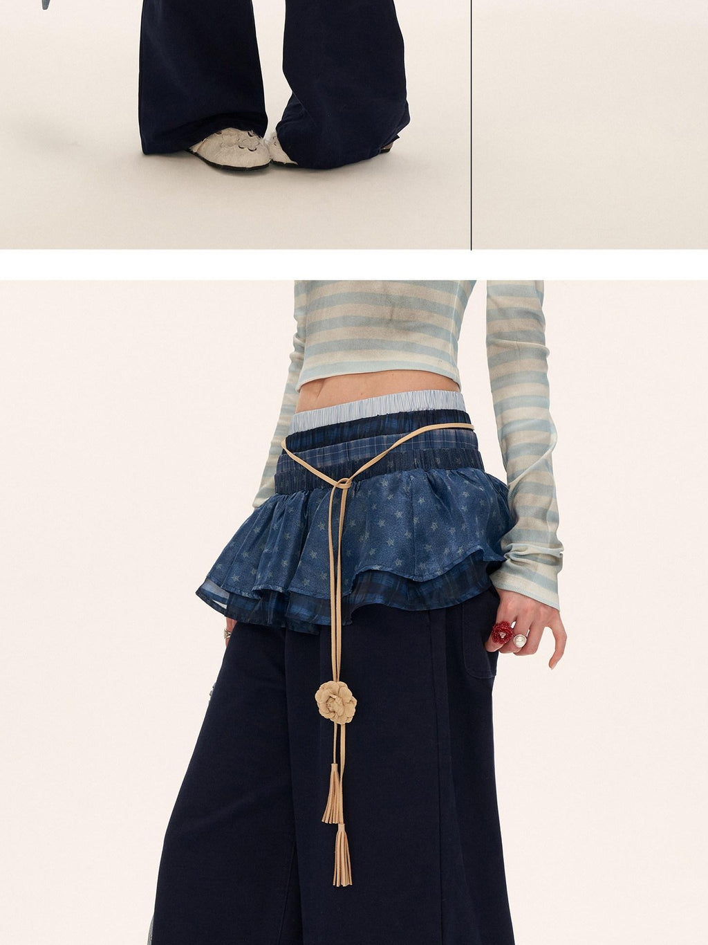 MAMC 100% Cotton Patchwork Relaxed Natural Waist Casual Womens Blue Wide Leg Pants