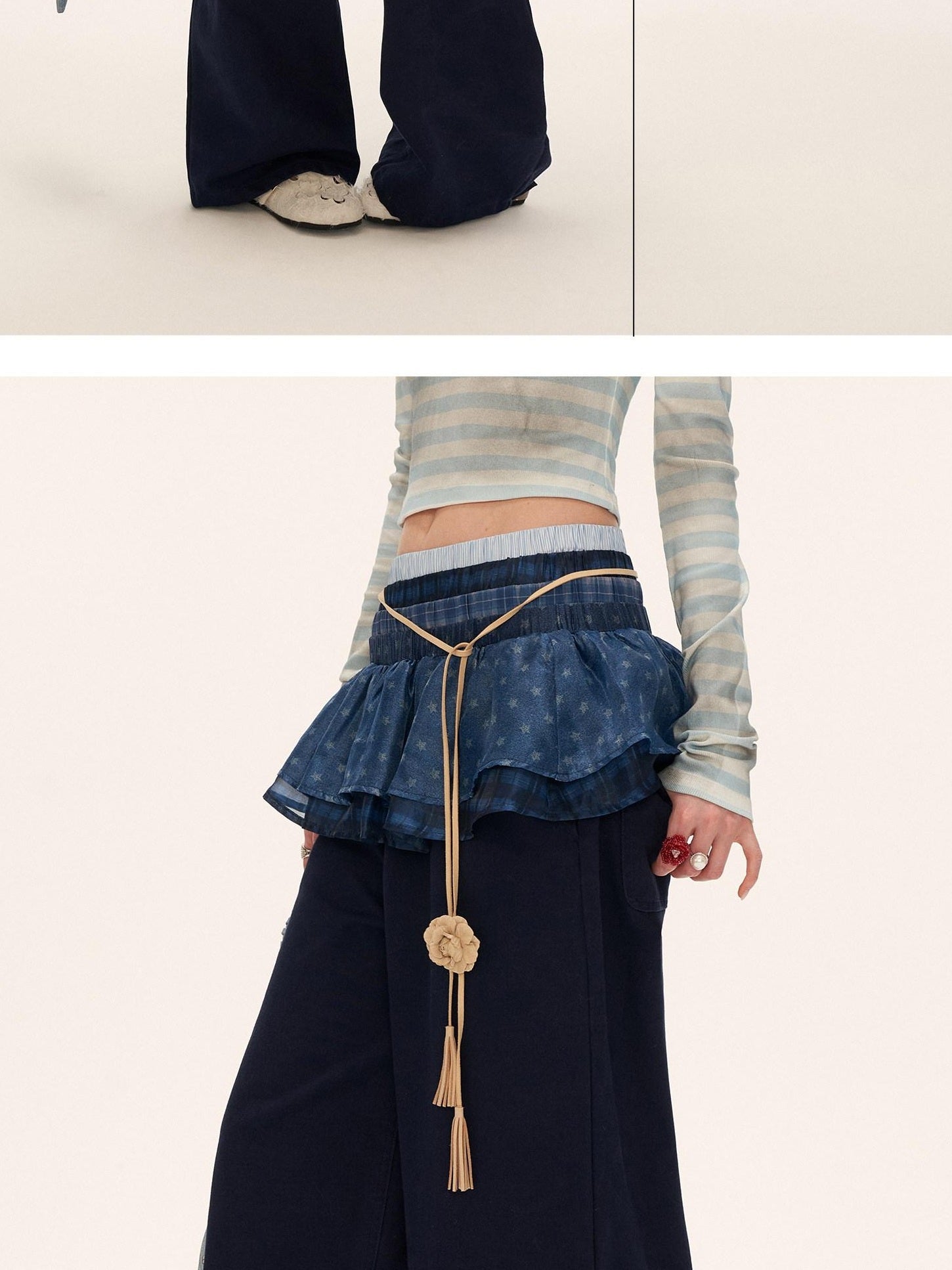 MAMC 100% Cotton Patchwork Relaxed Natural Waist Casual Womens Blue Wide Leg Pants