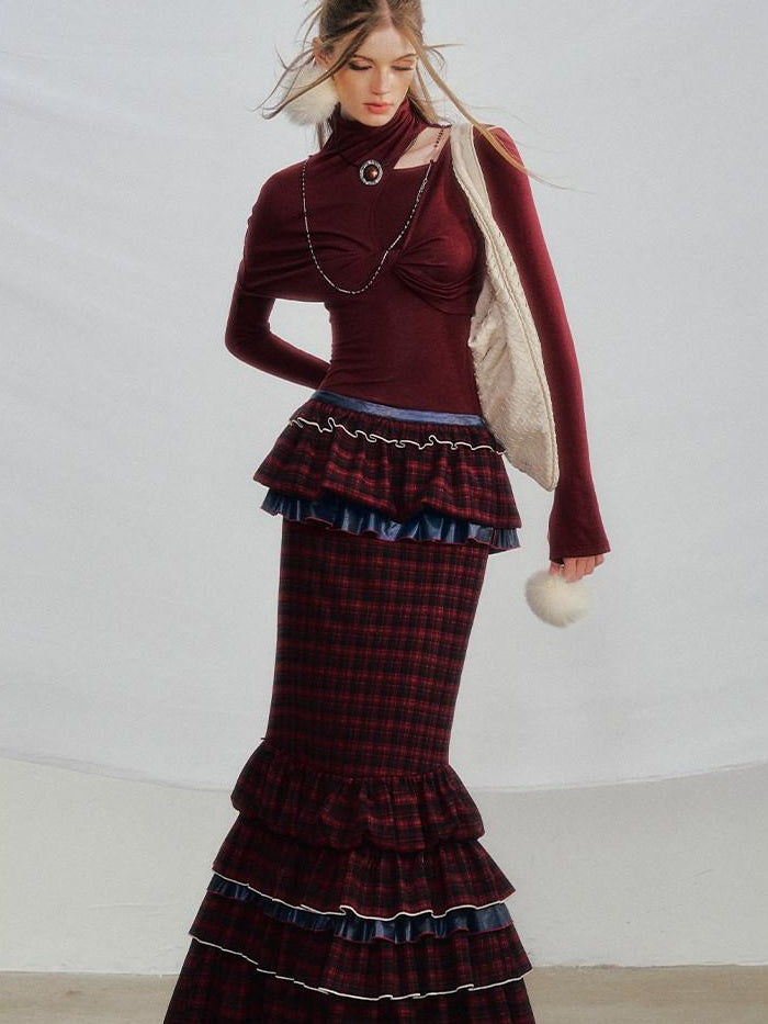 OfAkiva Pleated High Waist A Line Slim Fit City Commuter Women Plaid Maxi Skirts