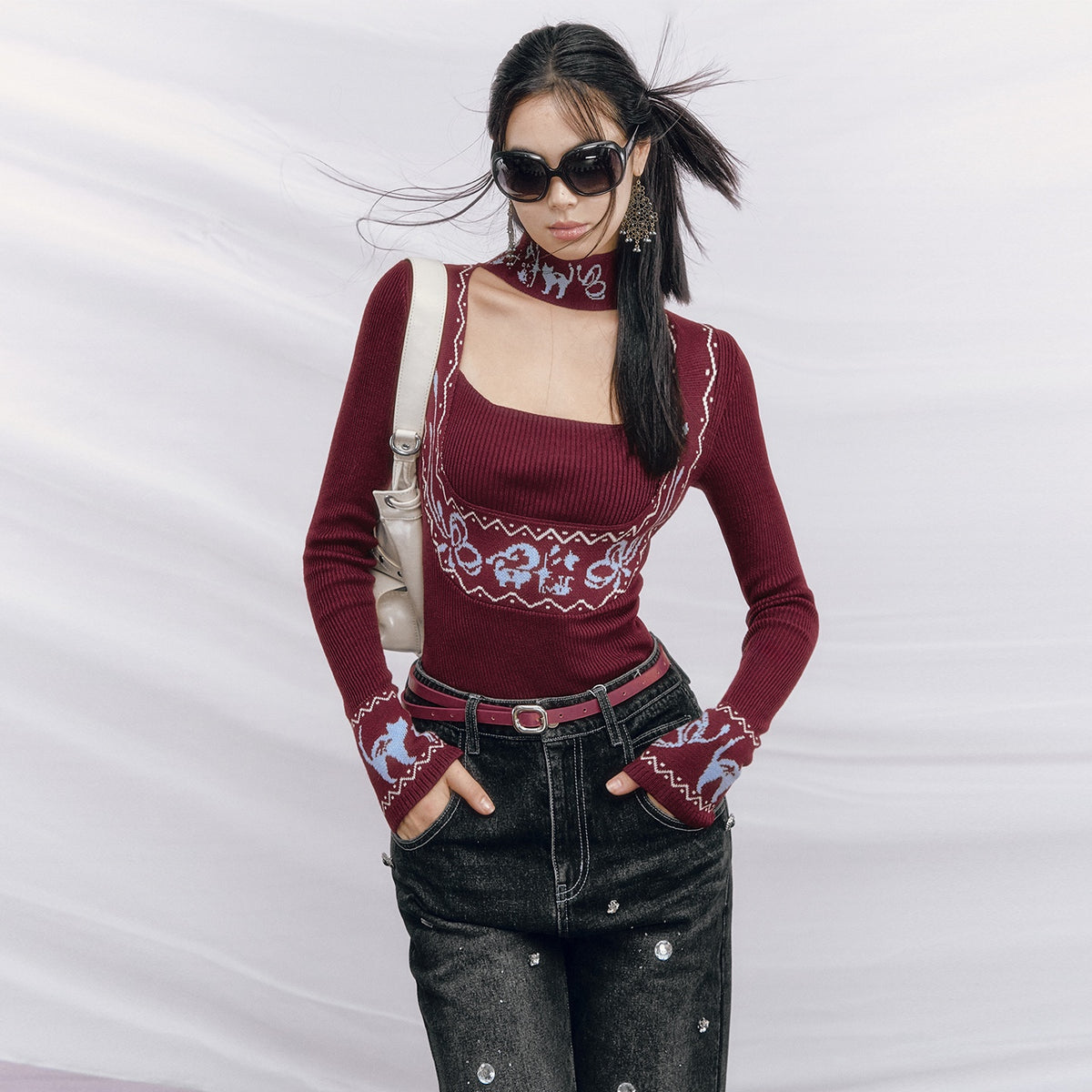 OfAkiva_Sexy_Square_Neck_Slim_Contrast_Bow_Longsleeve_Women_Wine_Red_Knitwear_MISSTT