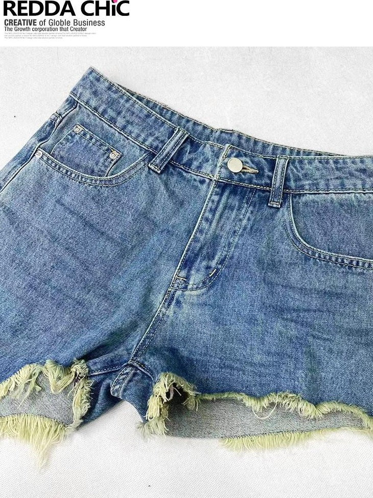 REDDACHIC American Vintage Irregular Zip Fly Low Rise Layered Y2K Women'S Denim Shorts