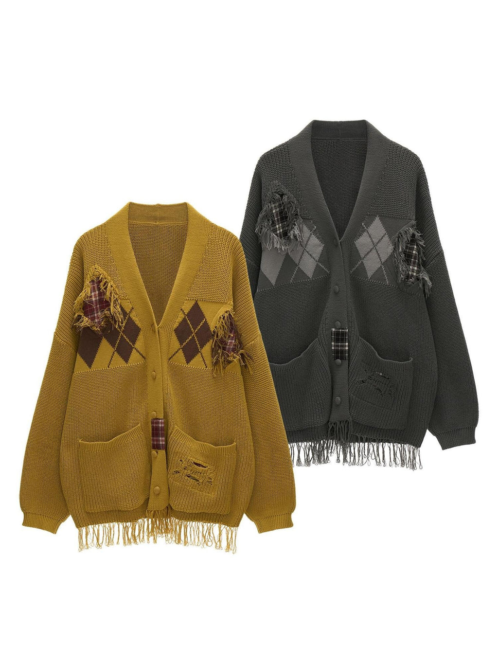 MAMC Recycled Rayon Fringe Relaxed Fit Mid Length Argyle Workwear Cardigans
