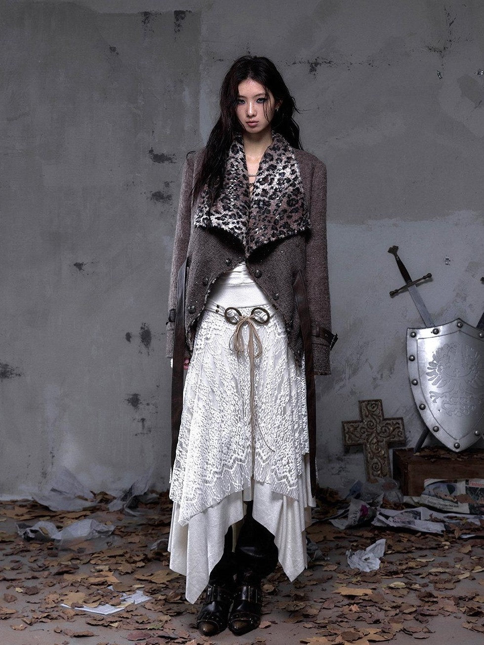 NO ROMANCE Leopard Print Patchwork Reversible Lapel Women'S Boucle Tweed Plush Short Coats