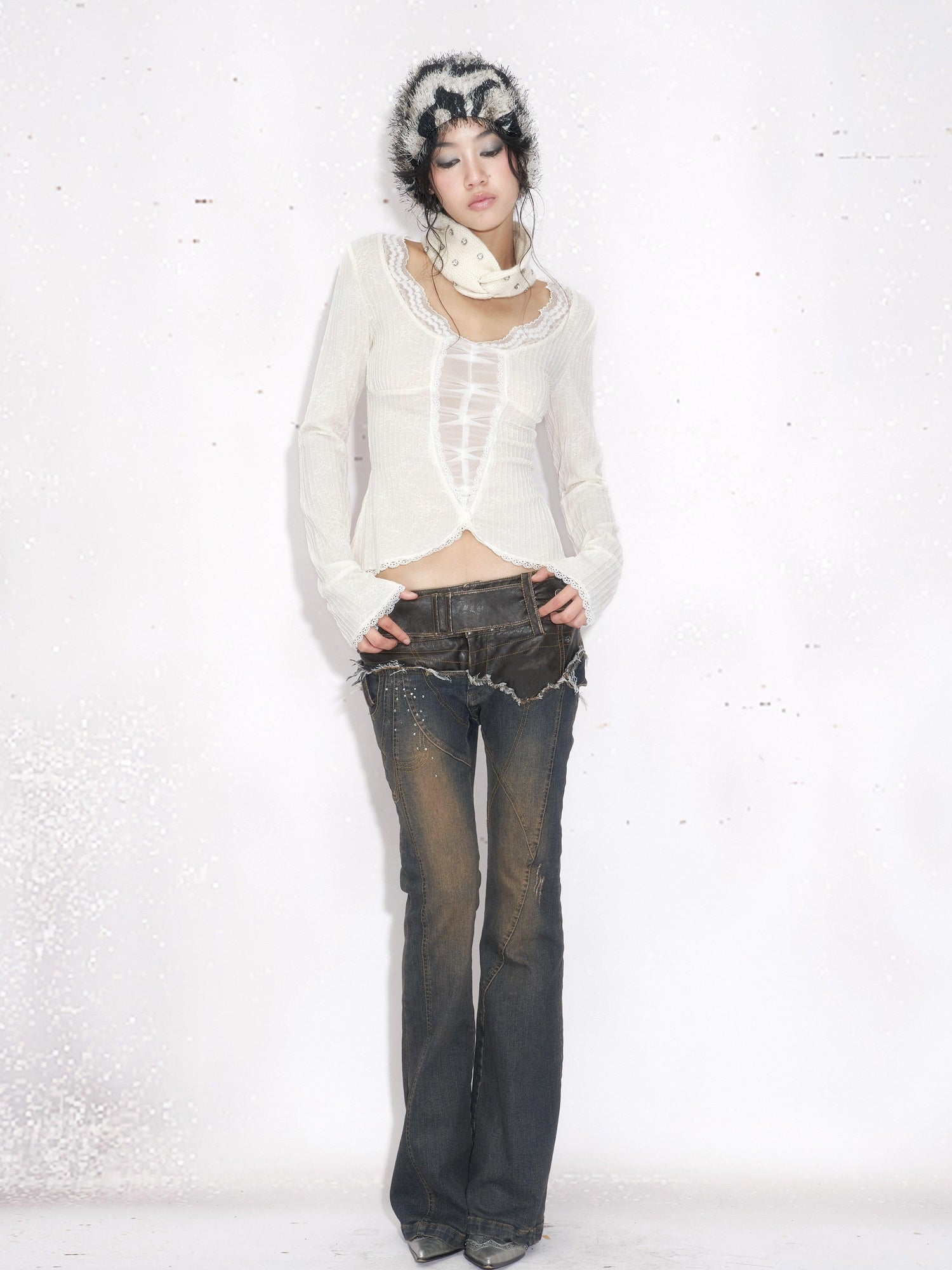 OPEN AESTHETIC Soft Cotton Lace Patchwork Sweet Slim Fit Cropped Long Sleeve T-Shirts