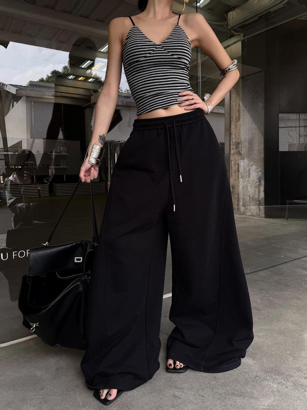 ZERO Soft Cotton Knit Casual Curved Hem Natural Waist For Teens Black Wide Leg Pants