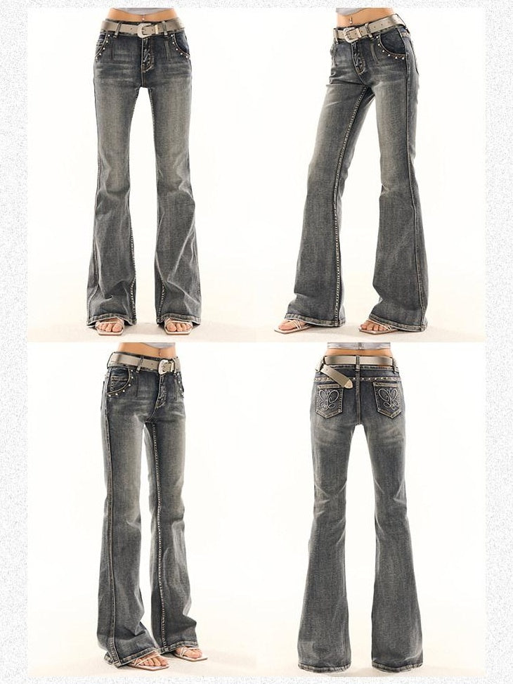 ZERO Stretch Wash Denim Slim Waist Embroidered Women Vintage Blue Flared Jeans
