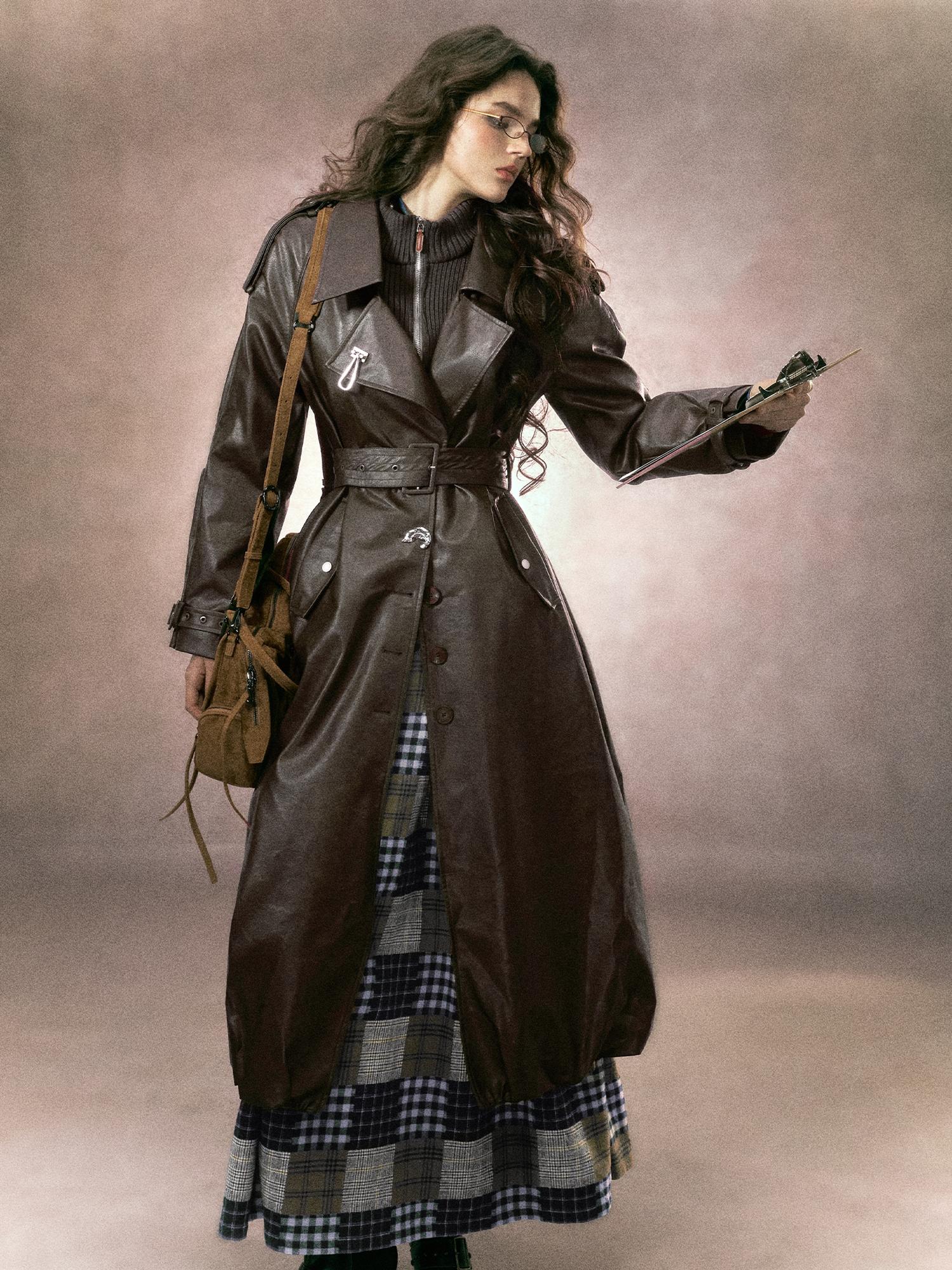 OfAkiva Thick Faux Leather Slim Fit Blazer Collar Pocket Midlength Women Long Coats