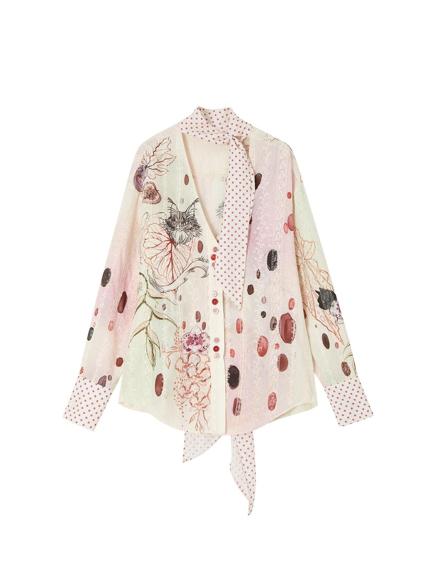 OfAkiva Breathable Polka Dot V-neck Tie Waist Slim Fit Casual Long Sleeve Women Blouses