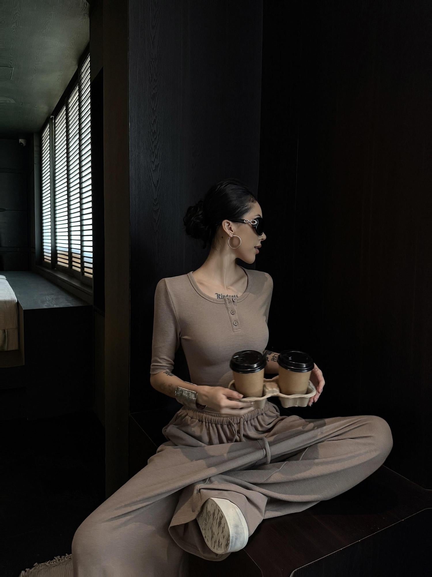 ZERO Soft Viscose Round Neck Long Sleeve Khaki Casual Women Pull On Top & Pants Sets