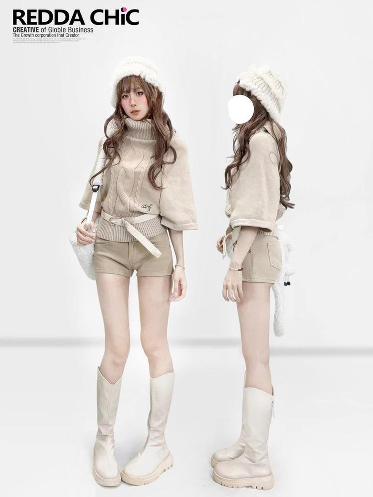 REDDACHIC Vintage Khaki Fleece Lined High Waist Slim Women'S Cotton Stretch Denim Shorts