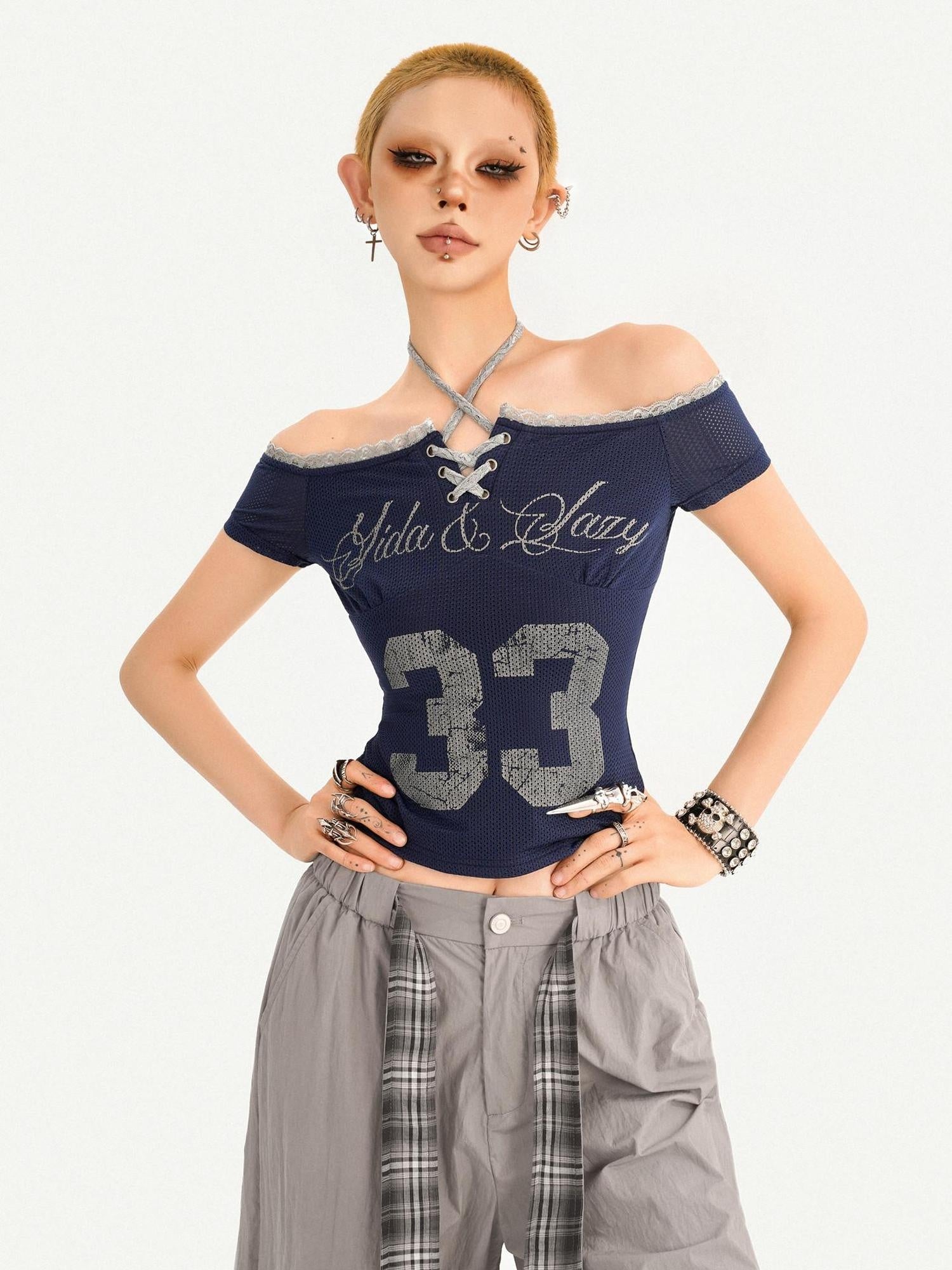 Nico Molly Sexy Slim Tie Front Women Letter Number Print Grey Off Shoulder Crop Tops